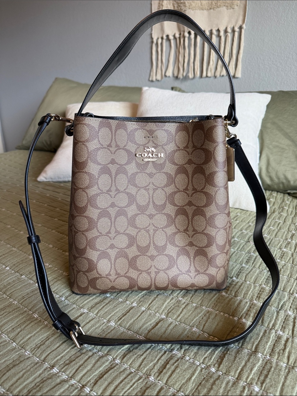 Coach Signature Canvas Bucket Shoulder Bag in Brown with Black Strap